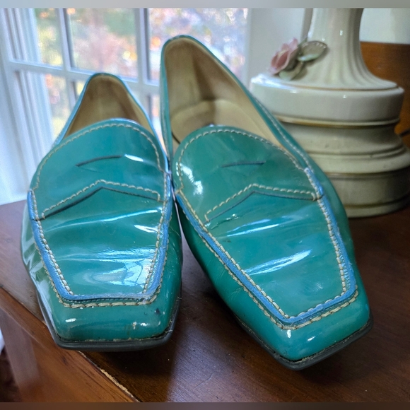 PRADA teal- turquoise patent leather penny loafers odd square toe! sz 38.5 - Picture 8 of 9